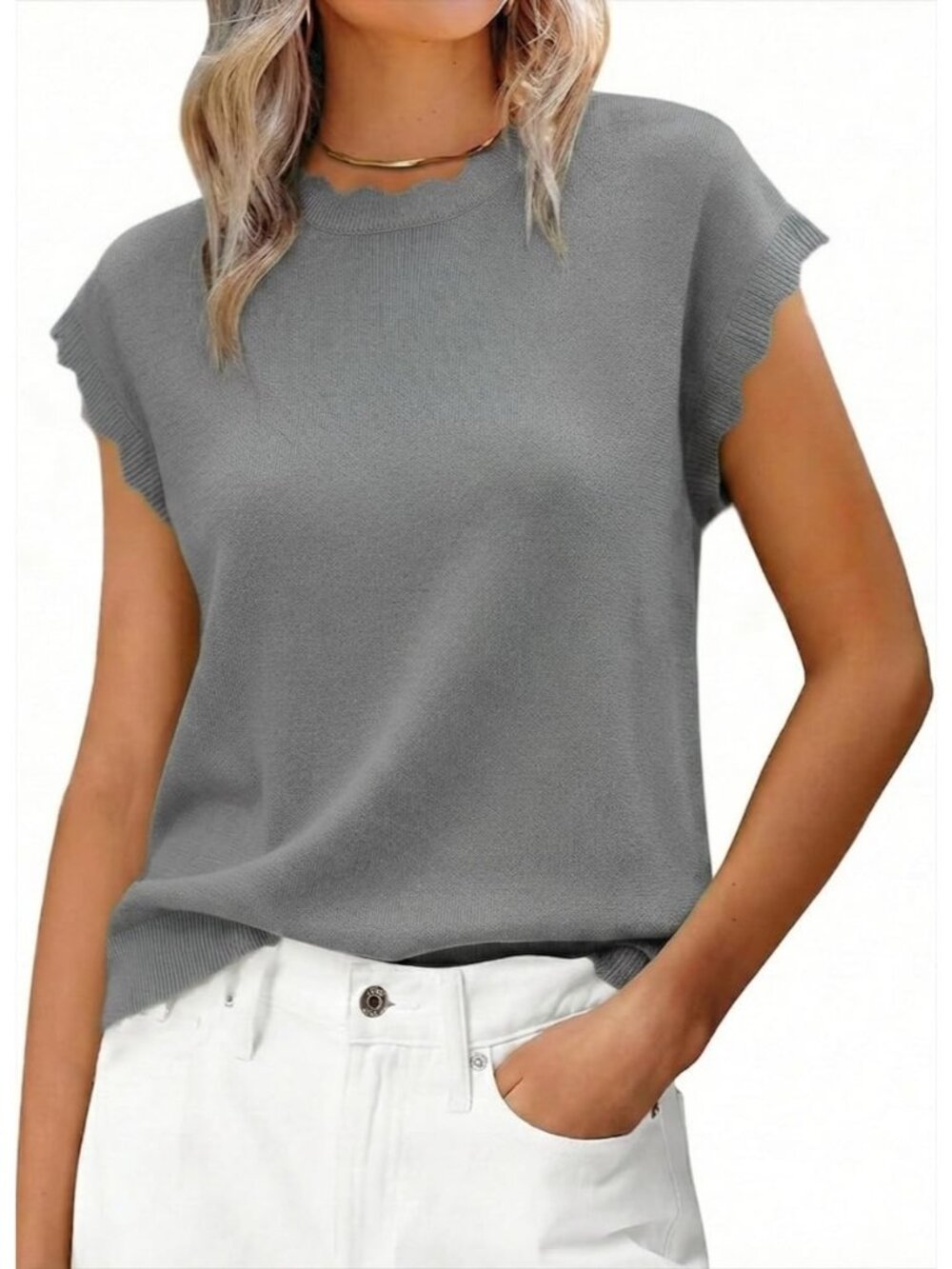 Women's Gray Summer Cap Sleeve Lightweight Knit Sweater Soft Scallop Top